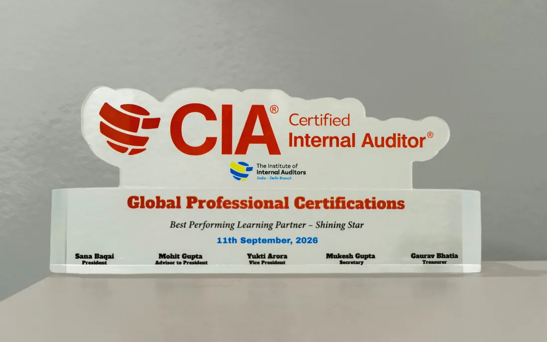IIA India Delhi Branch award naming Global Professional Certifications Best Performing Learning Partner – Shining Star